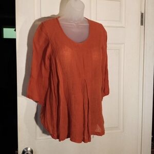 FLAX Woodstock Flowy Linen Blouse Orange V Neck Size P Women’s 3/4 Sleeves